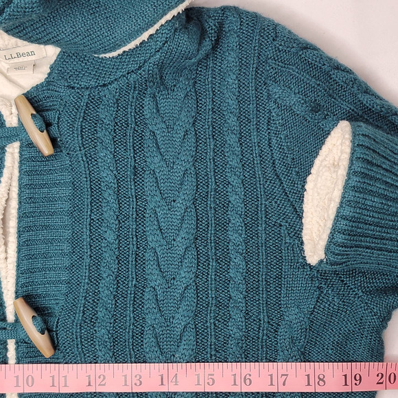 LL Bean Cardigan Womens Wool Blend Cable Knit Sweater Loop Closure Green Medium - Picture 8 of 10